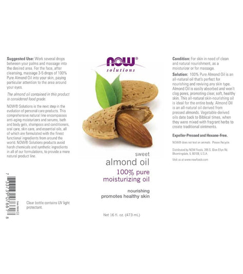 NOW 100% Pure Almond Oil - Hexane Free Expeller Pressed 16 oz