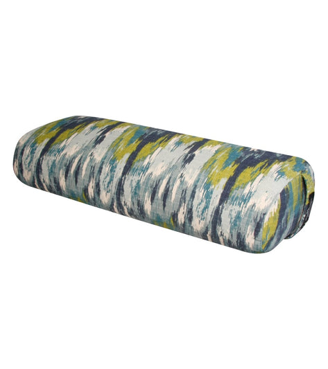 Hugger Mugger Yoga Bolster in Blue Lagoon pattern, designed for enhanced comfort and support during yoga sessions. This cylindrical bolster features a vibrant, multicolored design ideal for restorative yoga practices. Perfect for yogis seeking durable and stylish yoga accessories