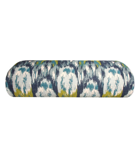 Hugger Mugger Yoga Bolster in Blue Lagoon design, ideal for enhancing yoga practice with comfort and support. This cylindrical bolster features a vibrant blue, white, and green pattern, perfect for restorative and meditation sessions. Enhance your yoga routine with this