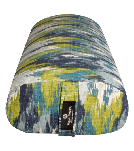 Hugger Mugger Yoga Bolster in Blue Lagoon pattern, designed for yoga practice. The bolster features a vibrant mix of blue, green, and white colors, ideal for supporting various yoga poses.