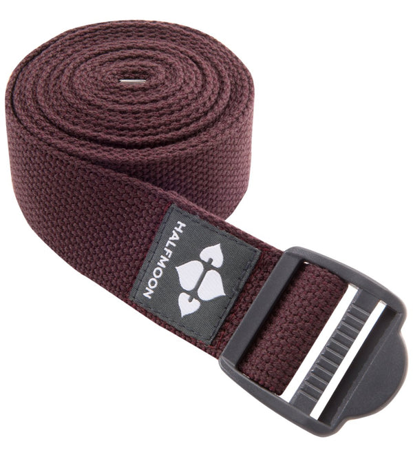 Halfmoon 8 Foot Yoga Strap in Aubergine, designed for enhancing flexibility and deepening yoga poses. This durable strap features a secure buckle for easy adjustments, perfect for yoga enthusiasts seeking improved posture and alignment. Ideal for stretching exercises and supporting various