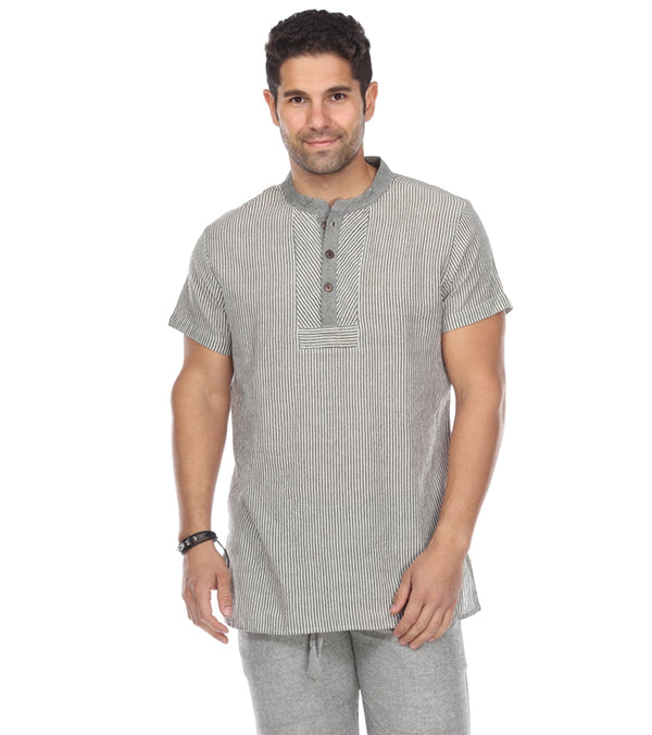 Yak & Yeti men's short sleeve gray shirt, designed for yoga practice. The shirt features a comfortable fit with a buttoned placket and subtle striped pattern. Ideal for enhancing flexibility and comfort during yoga sessions.