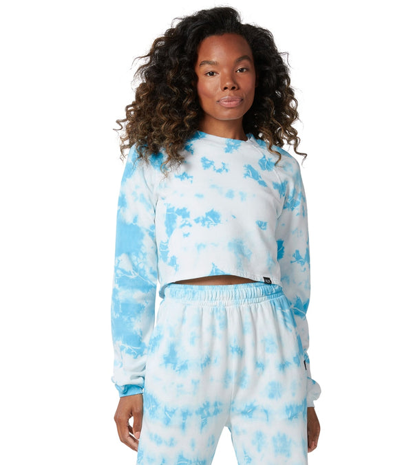 NUX Women's Yoga Pullover in Crystal Cloud, featuring a stylish blue and white tie-dye design. Perfect for yoga and casual wear, this pullover offers a comfortable fit and trendy look. Ideal for enhancing your yoga wardrobe with a touch of color