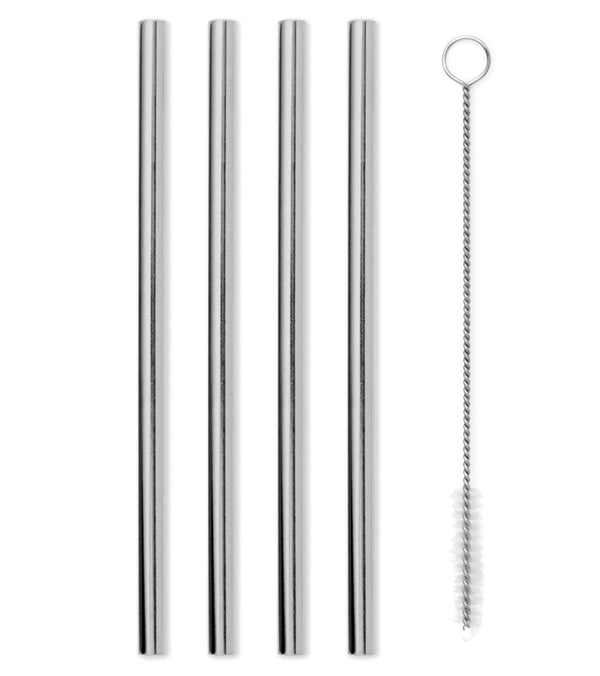 Set of four w&p stainless steel straws with a cleaning brush, ideal for eco-friendly hydration. These durable silver straws are perfect for yoga enthusiasts and sustainable living.