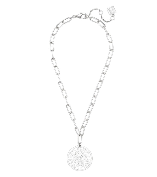 Zenzii Emblem Pendant And Chain Collar Necklace - Matte Silver