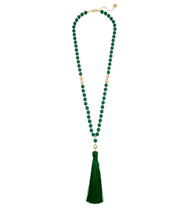 Zenzii Matte Beaded Necklace With Tassel - Emerald