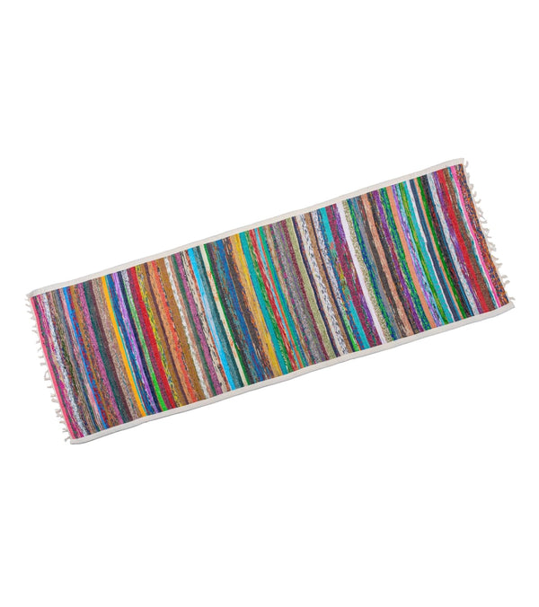 Colorful Jade Yoga rug designed for yoga practice, featuring a vibrant, multi-colored striped pattern. This yoga rug is ideal for enhancing your yoga sessions with its unique and eye-catching design. Perfect for yoga enthusiasts seeking both functionality and style.