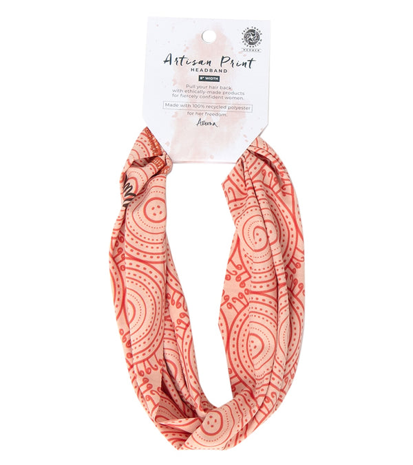 Aruna Project's Yoga Headband in Mehendi Burnt Sienna features an artisan print, ideal for yoga enthusiasts. Made from 100% recycled polyester, this ethically-produced headband offers style and functionality. Perfect for pulling hair back during yoga sessions