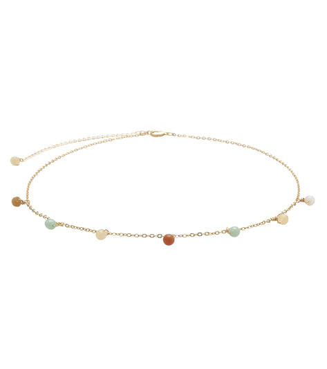 Lotus and Luna Yoga Necklace featuring delicate Mother of Pearl beads on a gold chain, designed for enhancing yoga practice. This elegant necklace combines style with spiritual benefits, perfect for yoga enthusiasts.