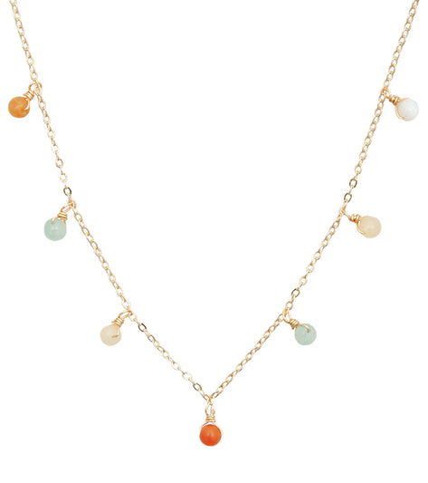 Lotus and Luna Yoga Necklace featuring a delicate gold chain adorned with colorful gemstone beads, including Mother of Pearl. This elegant necklace is designed to enhance your yoga practice with its calming and stylish presence. Perfect for those seeking spiritual balance and beauty in their accessories