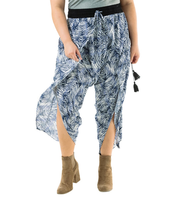 Buddha Pants Women's Yoga Joggers & Sweatpants in Blue Zebra pattern, designed for yoga and casual wear. These versatile pants feature a comfortable, flowy fit with a drawstring waist and stylish side slits. Ideal for enhancing flexibility and comfort