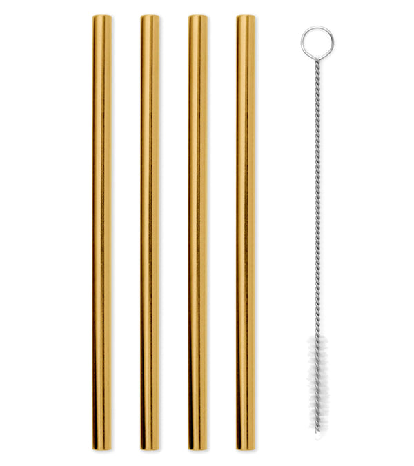 Set of four w&p gold stainless steel straws with a cleaning brush, ideal for eco-friendly hydration. Perfect accessory for yoga sessions, enhancing your sustainable lifestyle. Durable and stylish, these straws are reusable and easy to clean.