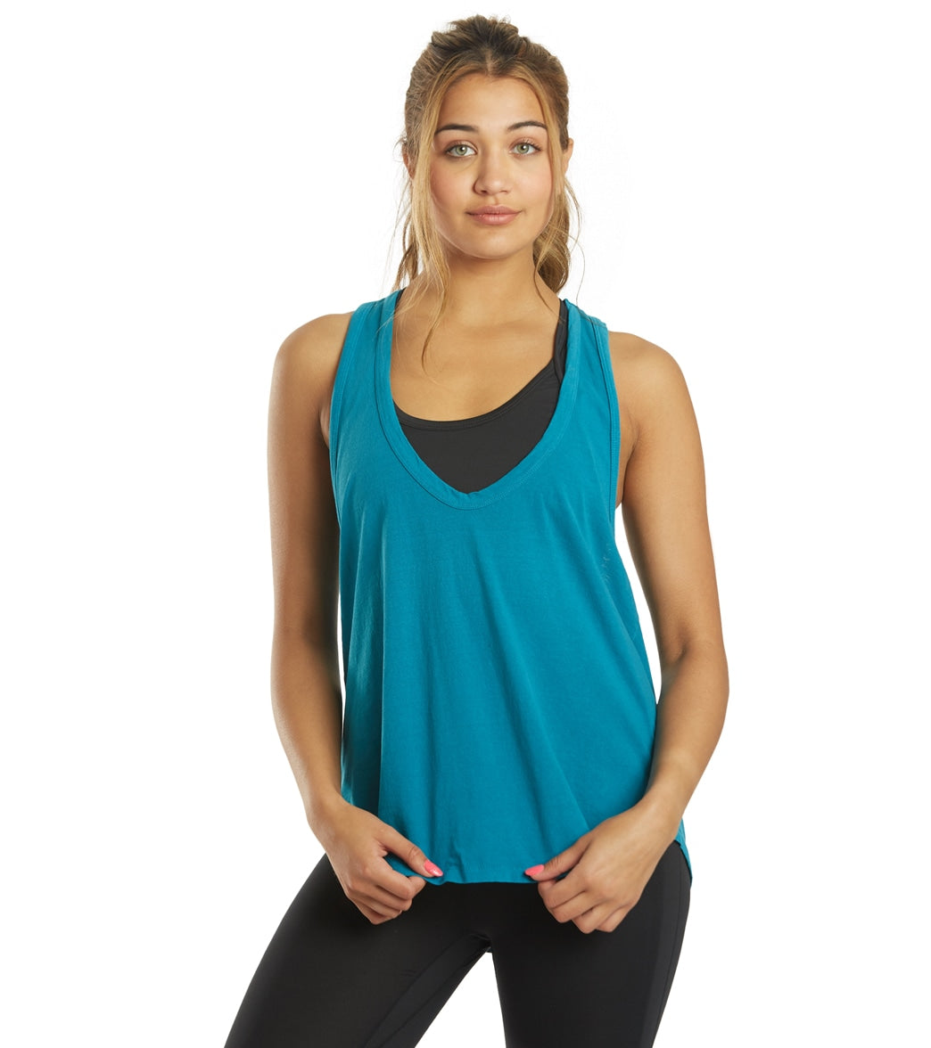 Turquoise Strappy Woven Back Long Yoga Tank Top