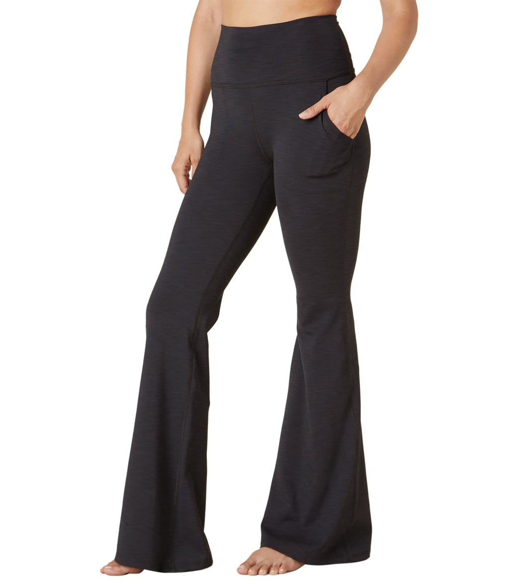 Buy Boohoo Ribbed Woven Label Flare Yoga Pants In Black